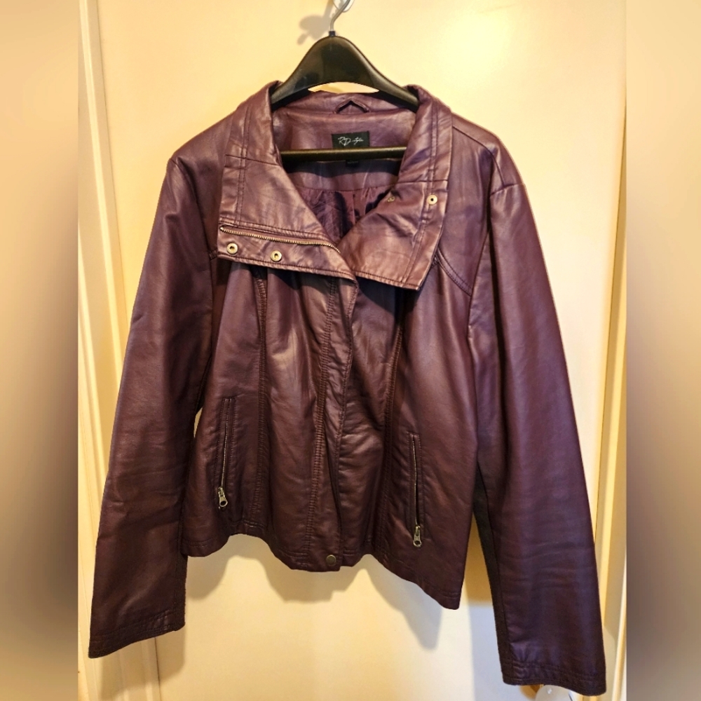 Purple faux leather moto jacket with side comfort panels, XXL
